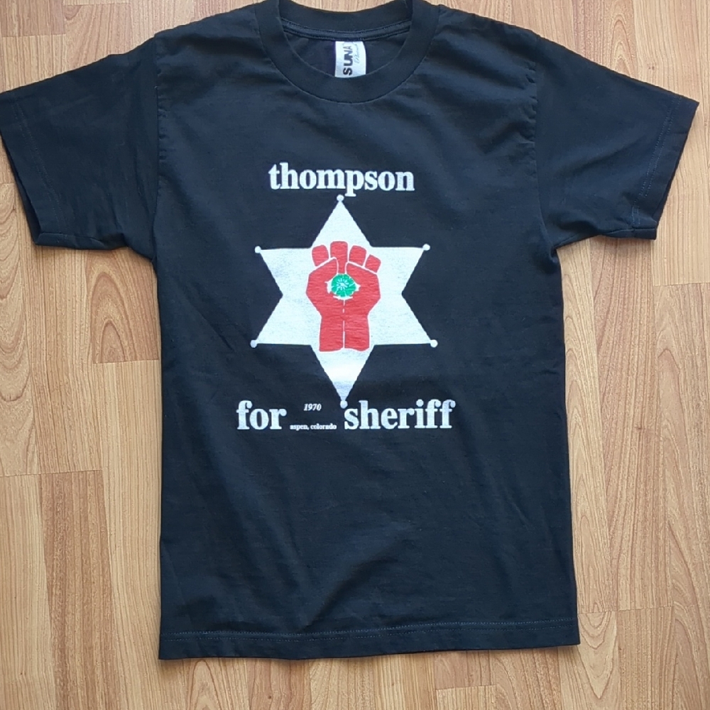 Hunter S. Thompson For Sheriff graffic tee. Double Thumb Peyote Fist Design.